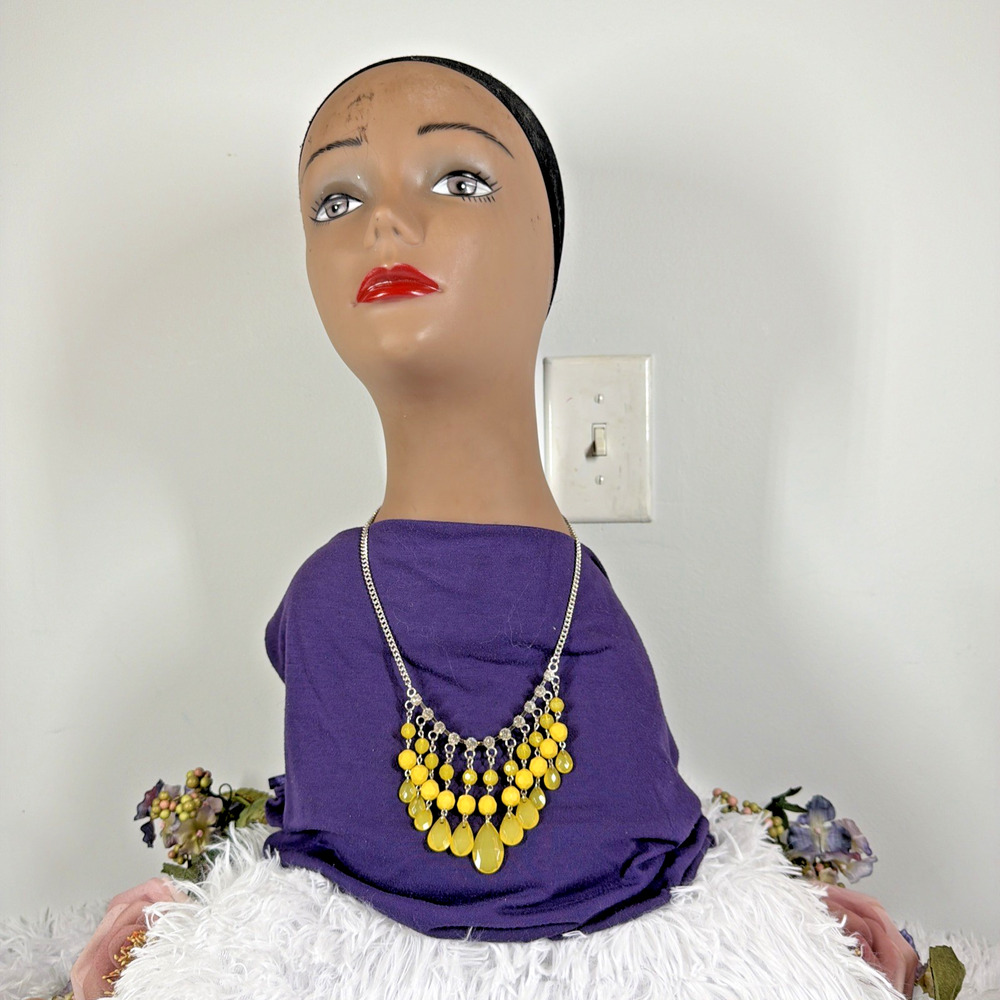 Yellow Beaded Statement Necklace Rhinestone Teardrop Silver Tone Bib Chunky